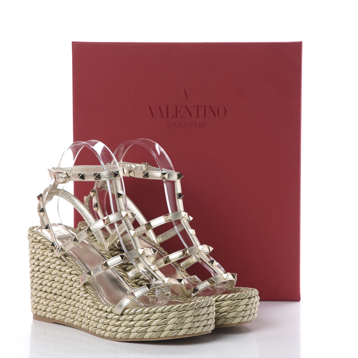 Valentino Garavani Metallic Nappa Rockstud Ankle Strap Torchon Espadrille Caged 25/95mm Wedge Sandals 41 Platino 8 of 8