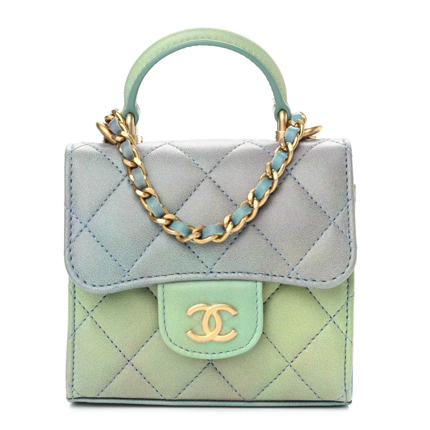 Lambskin Quilted Ombre Top Handle Flap Clutch With Chain Green Purple