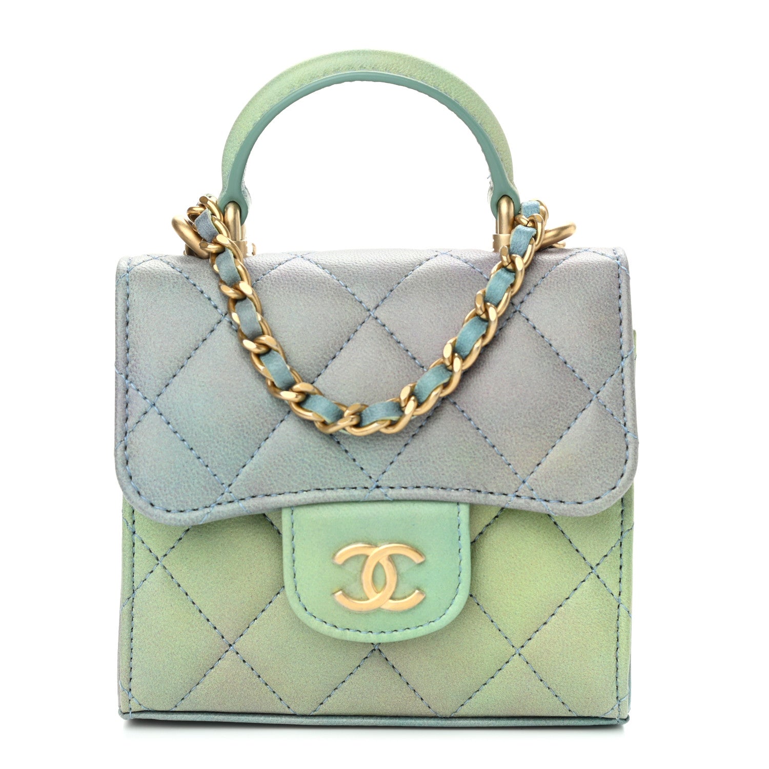 Chanel Lambskin Quilted Ombre Top Handle Flap Clutch With Chain Green Purple 1 of 12