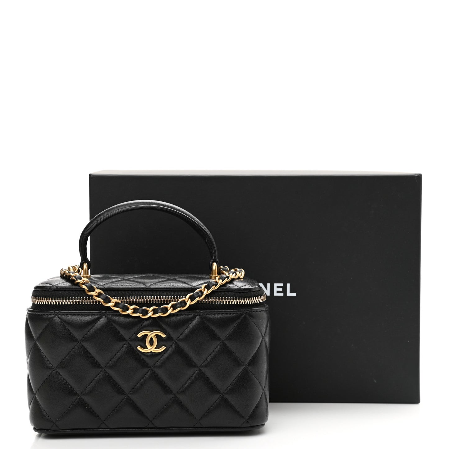 Lambskin Quilted Small Top Handle Vanity Case With Chain Black