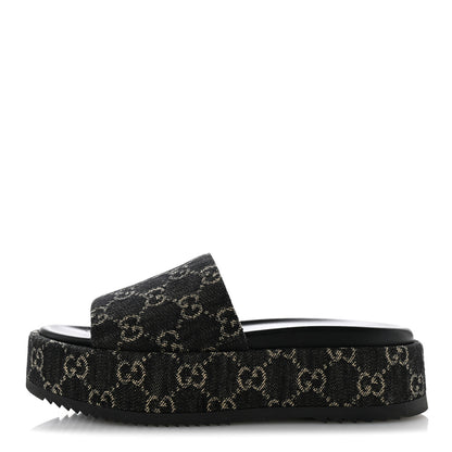 Gucci Jacquard Black Denim GG Monogram Angelina Platform 55mm Slide Sandals 38.5 Black Ivory 1 of 12