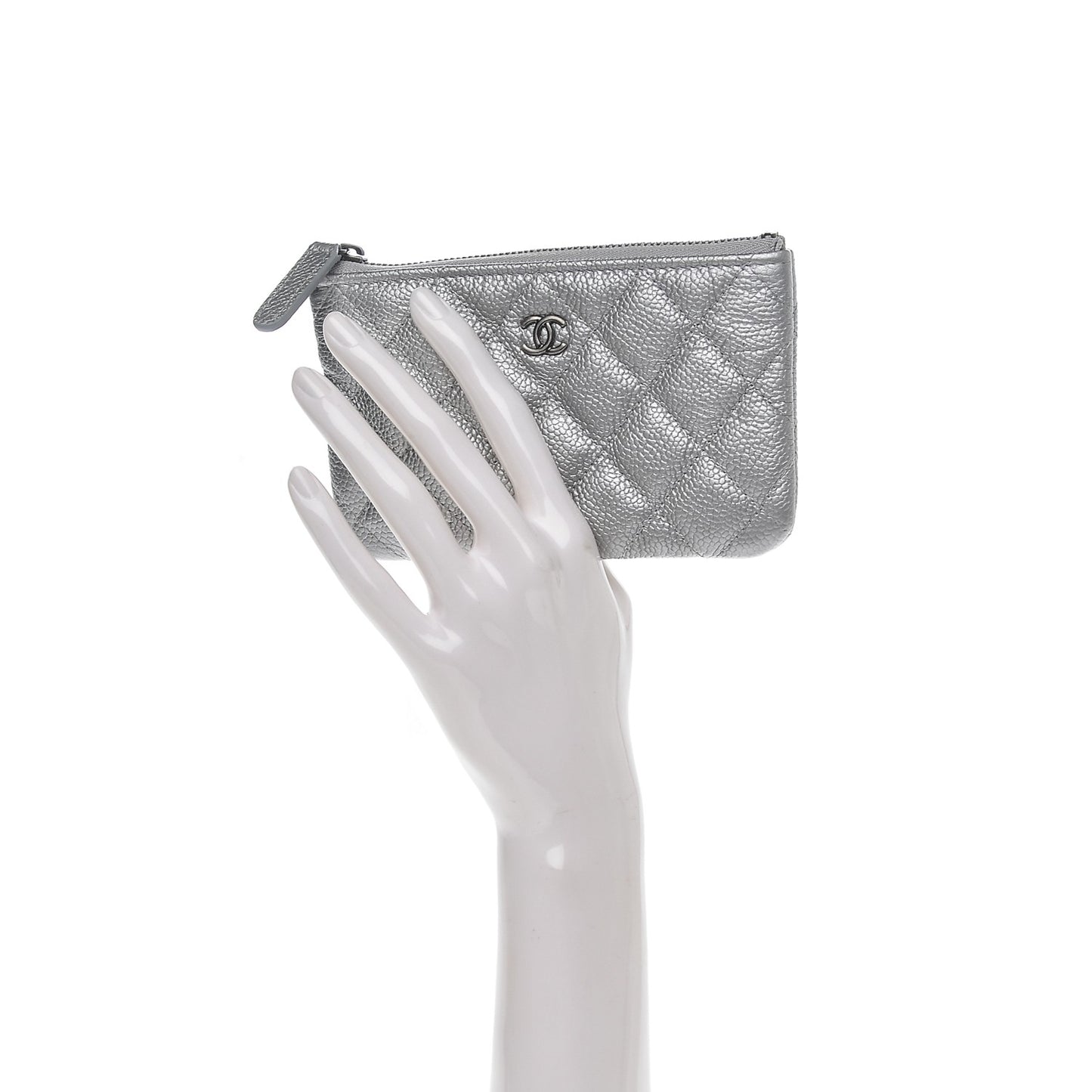 Metallic Caviar Quilted Small Cosmetic Case Silver