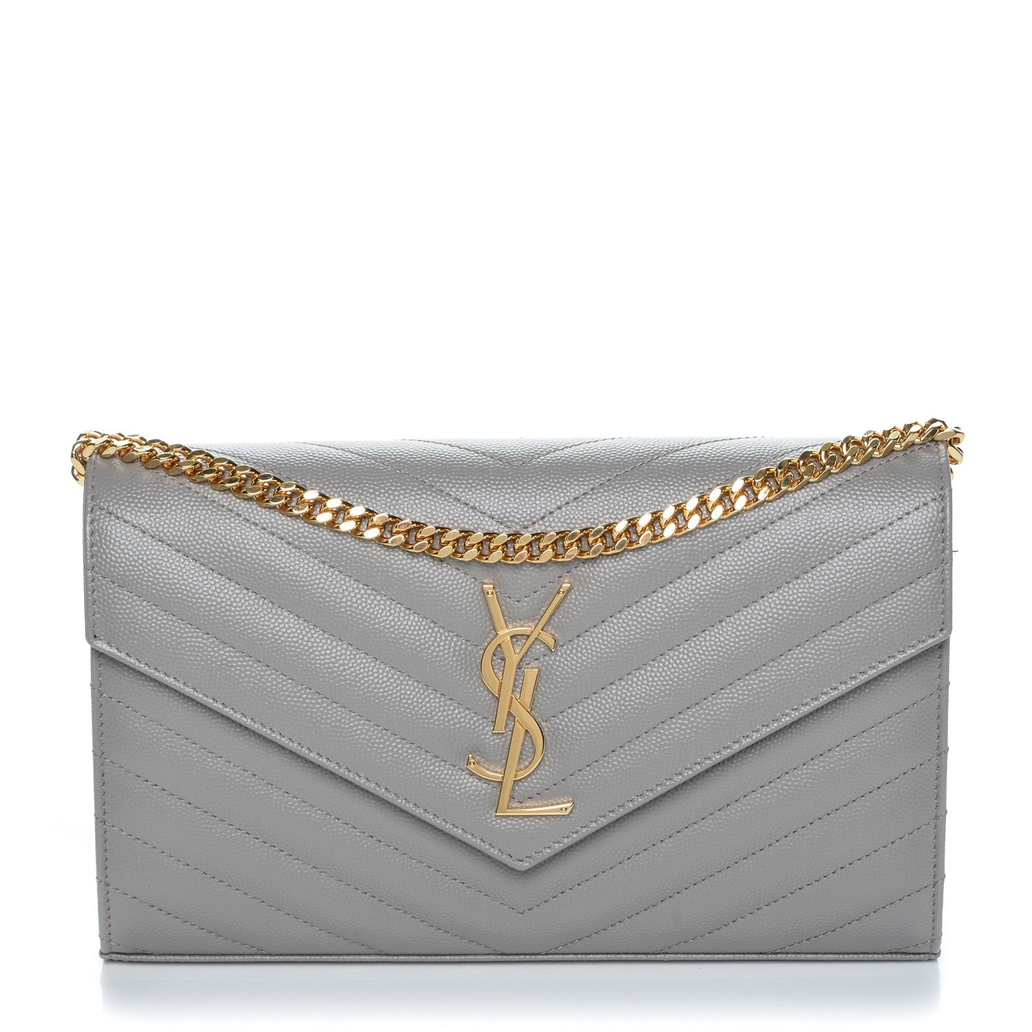 Saint Laurent Grain De Poudre Matelasse Chevron Monogram Chain Wallet Oyster Grey 1 of 7