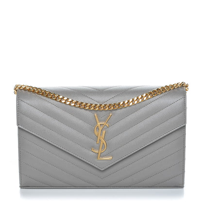 Saint Laurent Grain De Poudre Matelasse Chevron Monogram Chain Wallet Oyster Grey 1 of 7