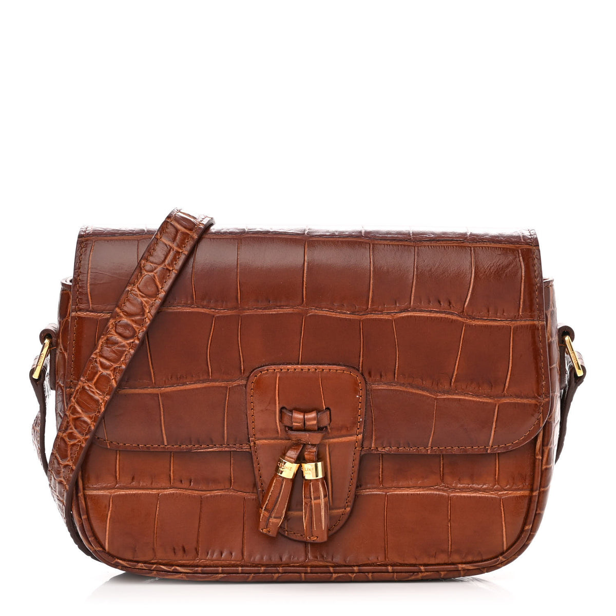 Calfskin Crocodile Embossed Medium Tassel Bag Tan