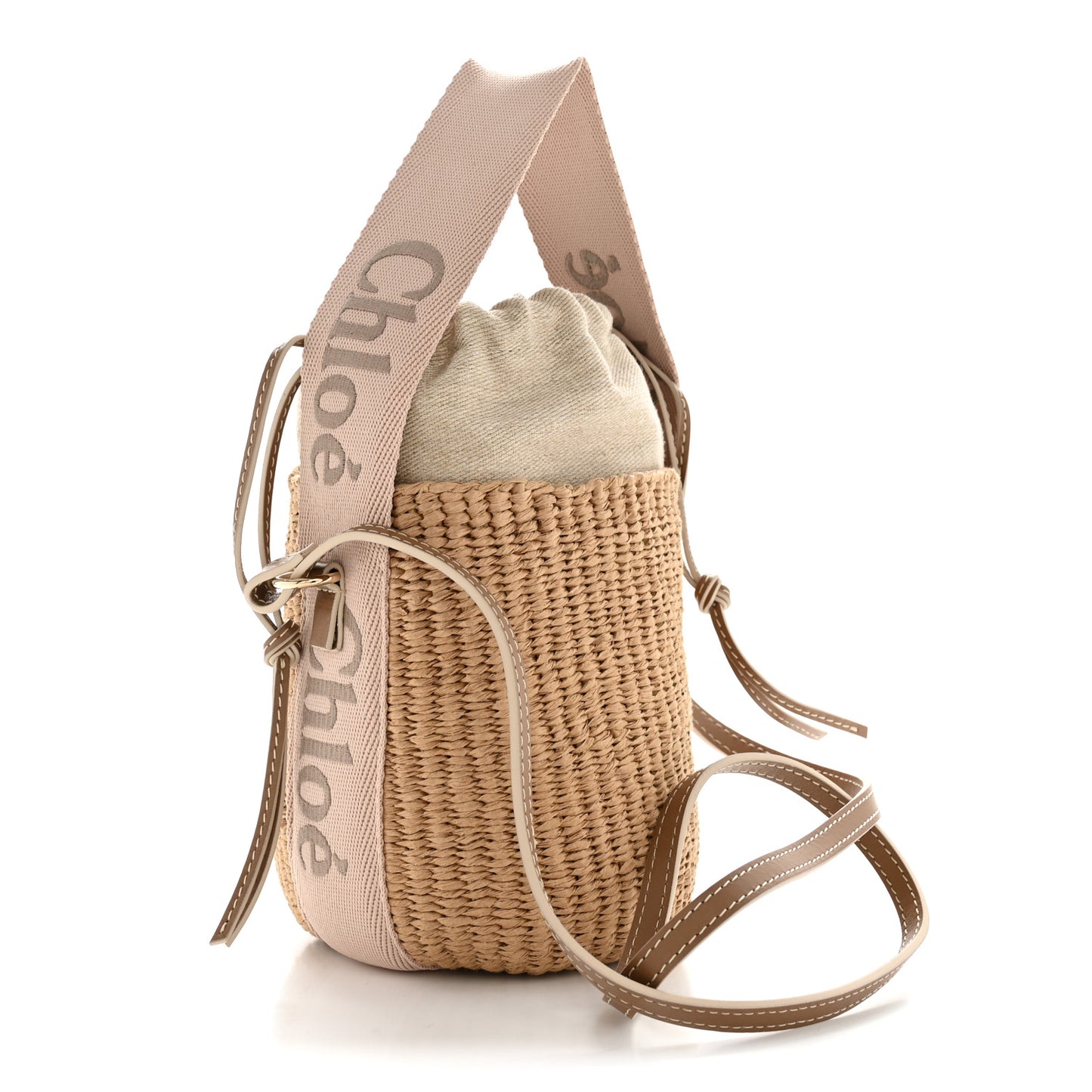 X MIFUKO Raffia Calfskin Small Woody Basket Shoulder Bag Beige Light Pink