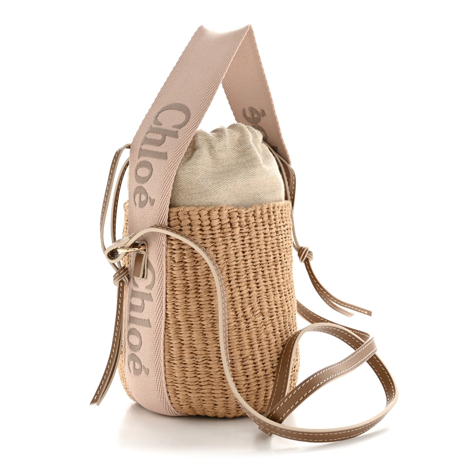 Chloe X MIFUKO Raffia Calfskin Small Woody Basket Shoulder Bag Beige Light Pink 3 of 11