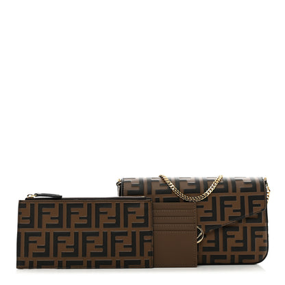 Fendi Vitello Soft F is Fendi Bi-Color FF 1974 Embossed Envelope Wallet On Chain with Pouches Maya Black 1 of 9