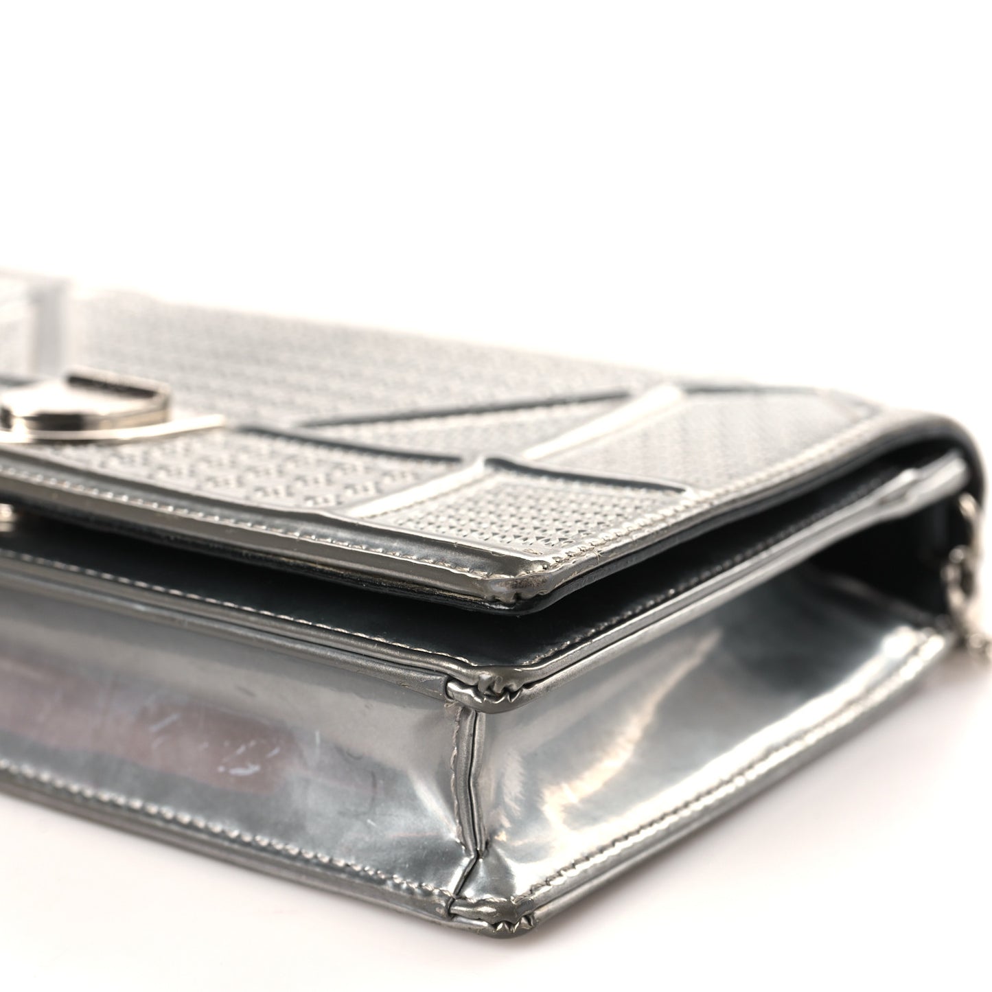 Metallic Patent Micro-Cannage Diorama Wallet on Chain Pouch Silver