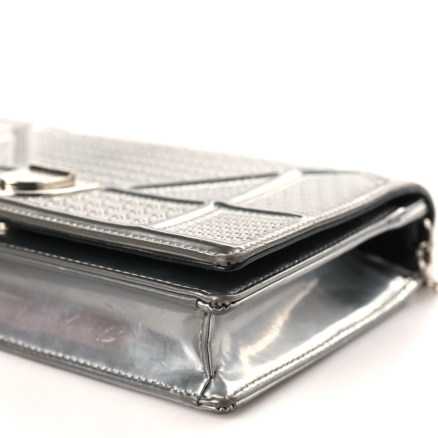Christian Dior Metallic Patent Micro-Cannage Diorama Wallet on Chain Pouch Silver 8 of 11