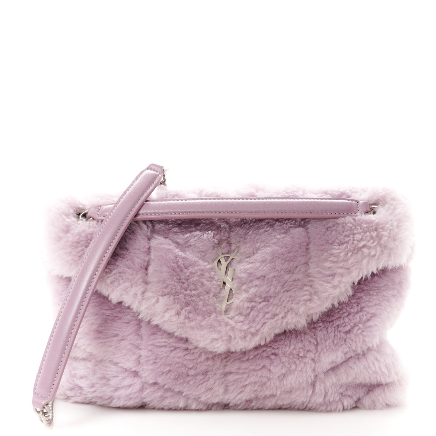 Merino Shearling Lambskin Quilted Small Loulou Puffer Monogram Chain Satchel Glycine