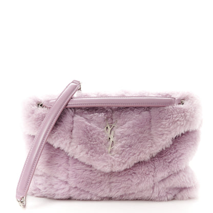 Saint Laurent Merino Shearling Lambskin Quilted Small Loulou Puffer Monogram Chain Satchel Glycine 1 of 11