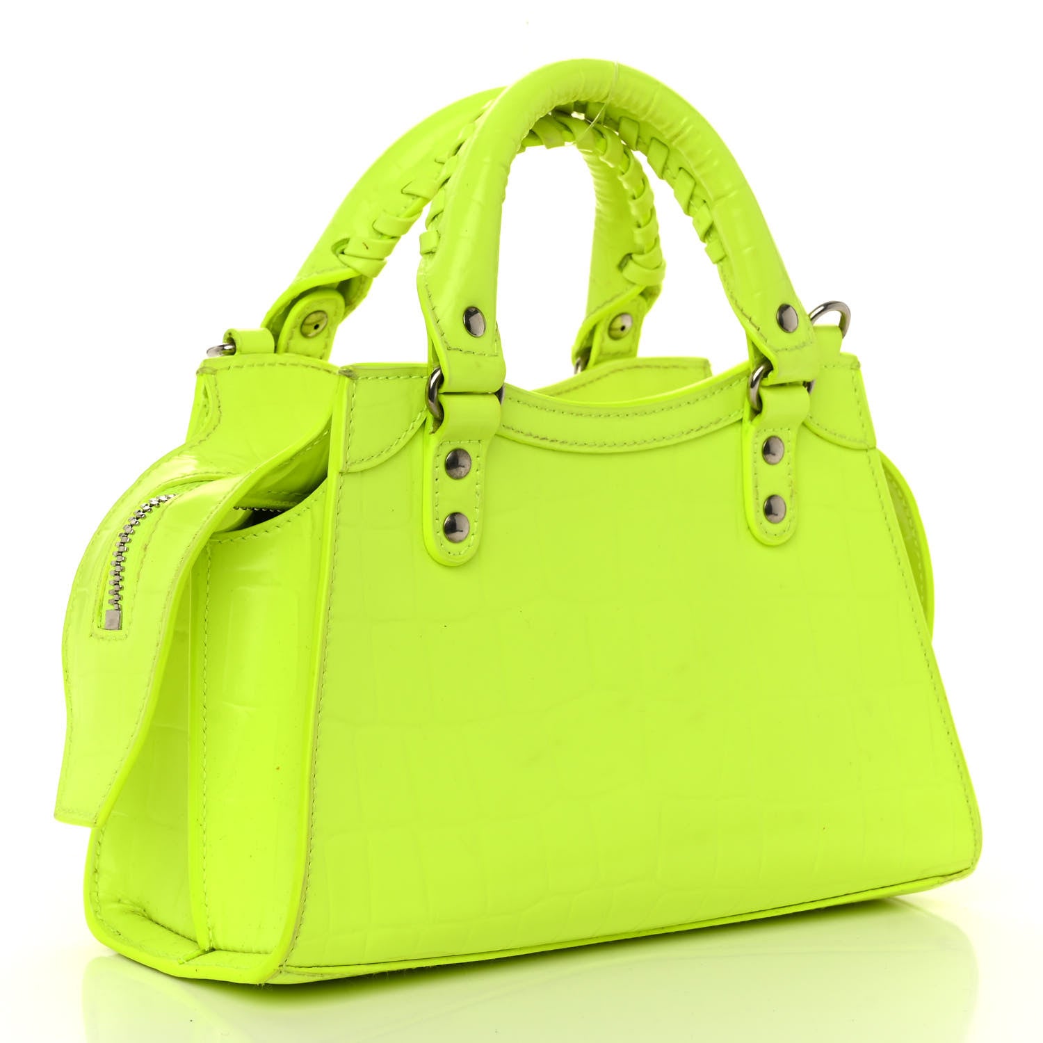Balenciaga Semi Shiny Calfskin Crocodile Embossed Neo Classic Silver Hardware Mini City Fluo Yellow 3 of 10
