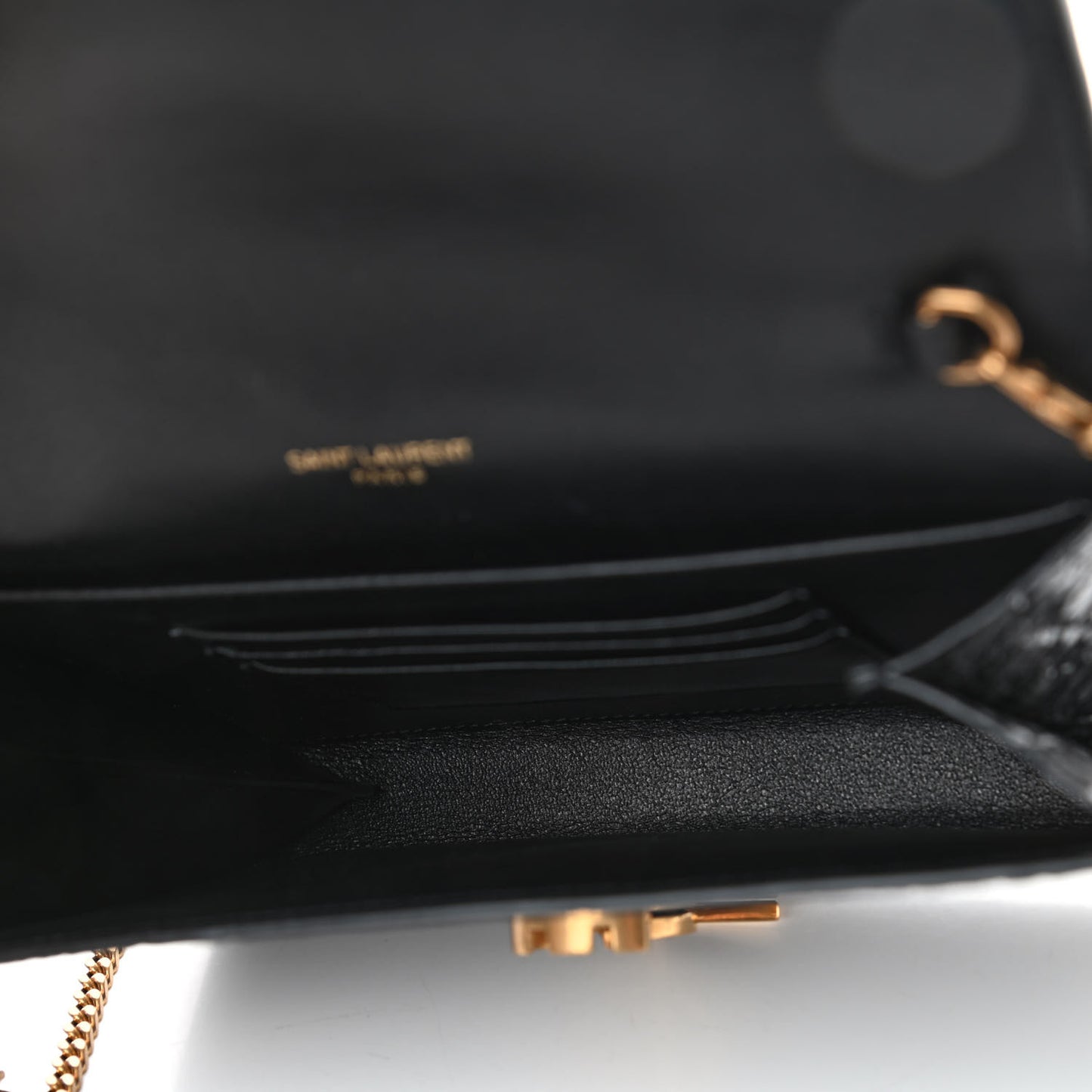 Calfskin Crocodile Embossed Monogram Cassandra Chain Wallet Black