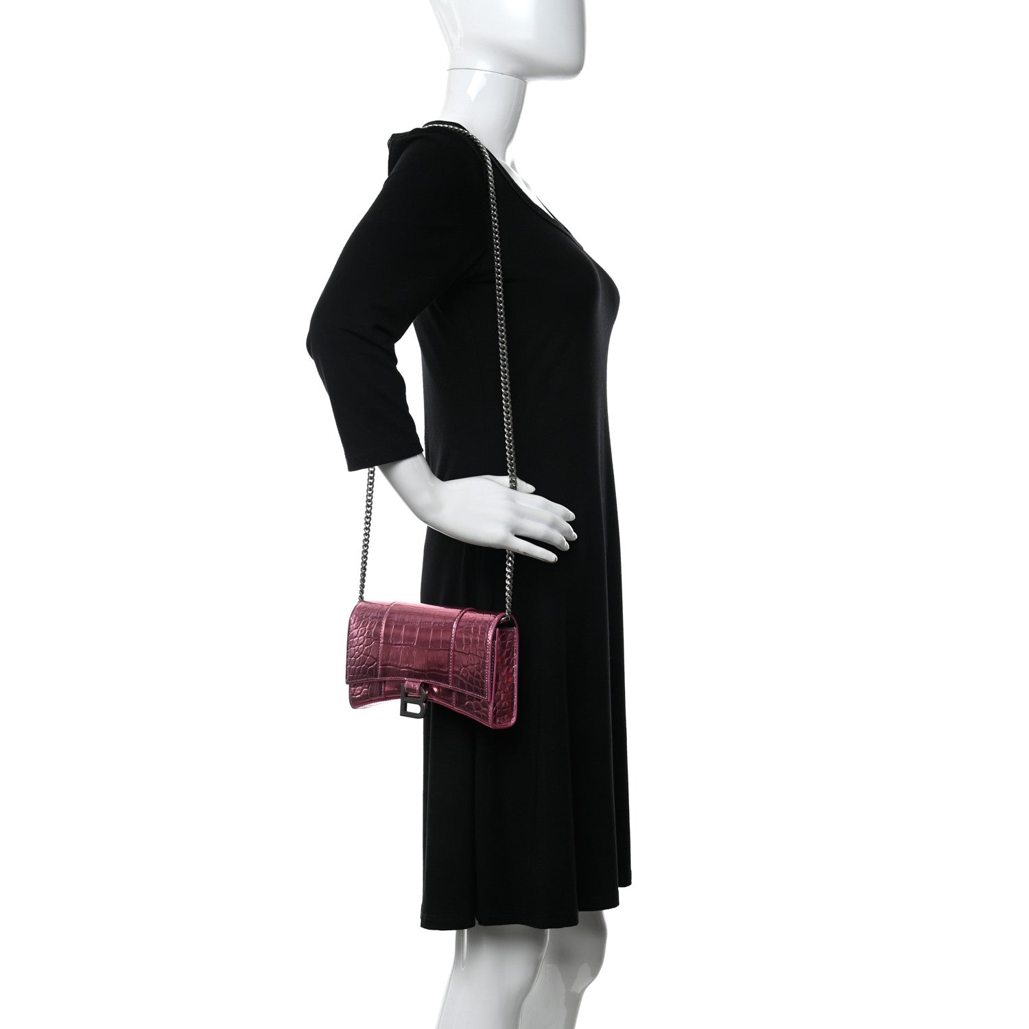 Balenciaga Metallic Shiny Calfskin Crocodile Embossed Hourglass Chain Bag Pink 2 of 10