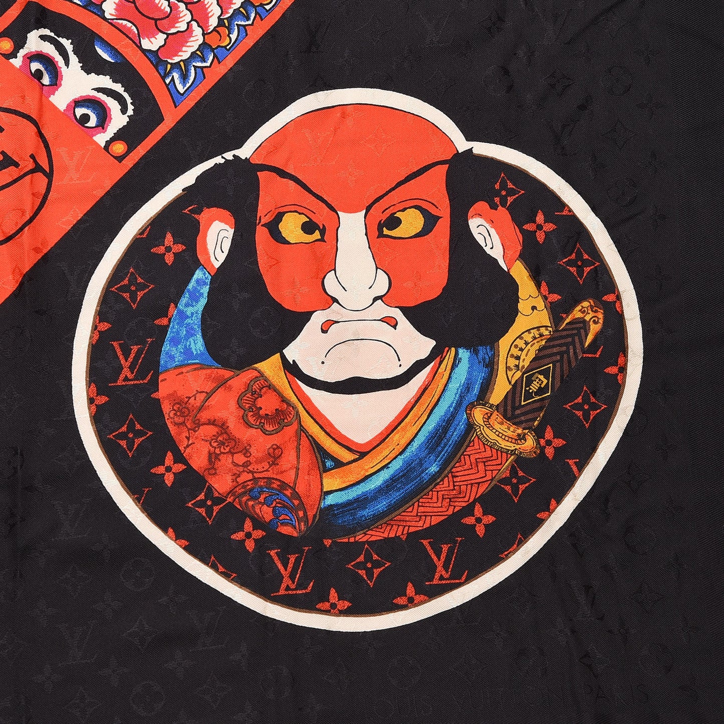 Silk Wool Monogram Kabuki Stickers Shawl Black
