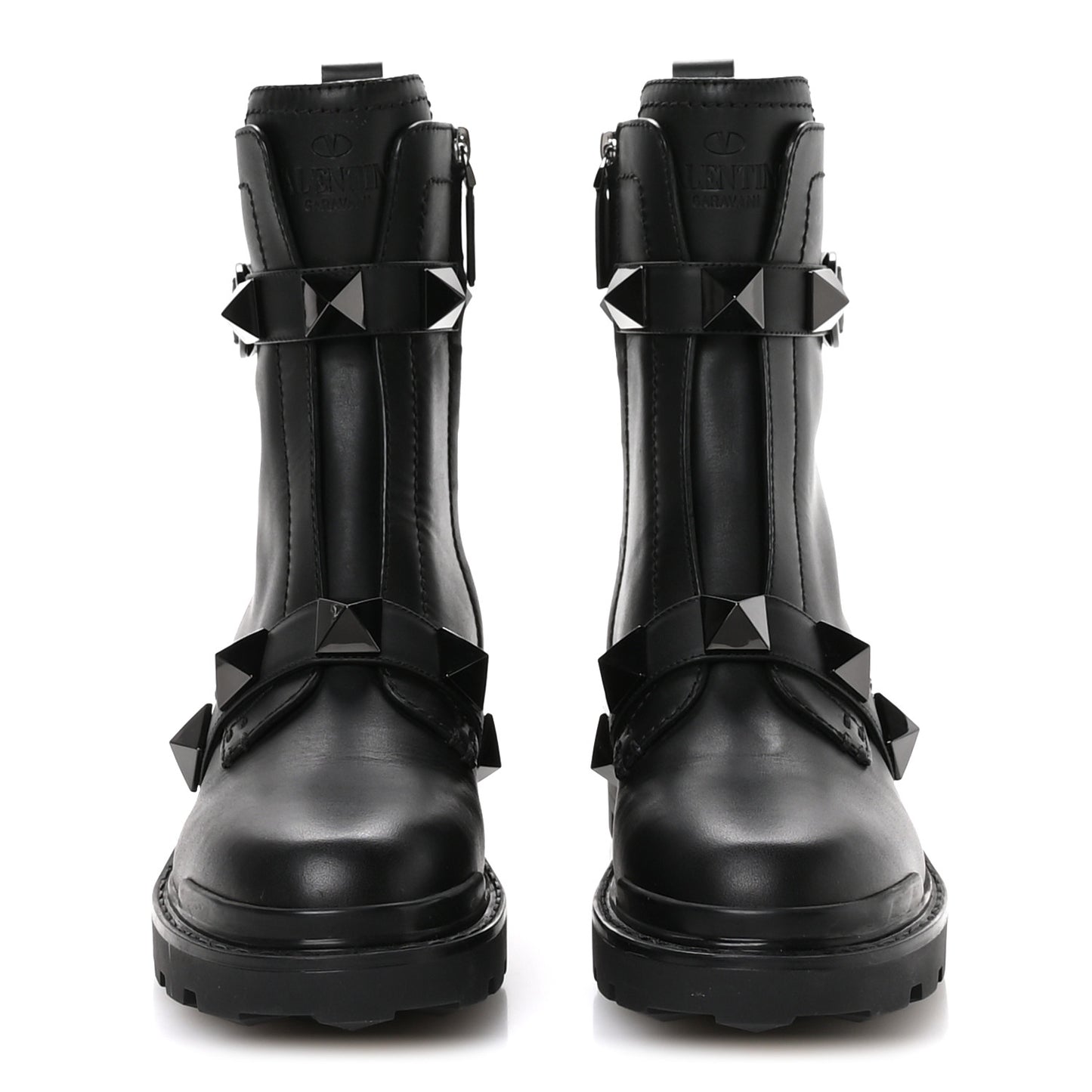 Calfskin Tonal Roman Stud Combat Boots 36 Black