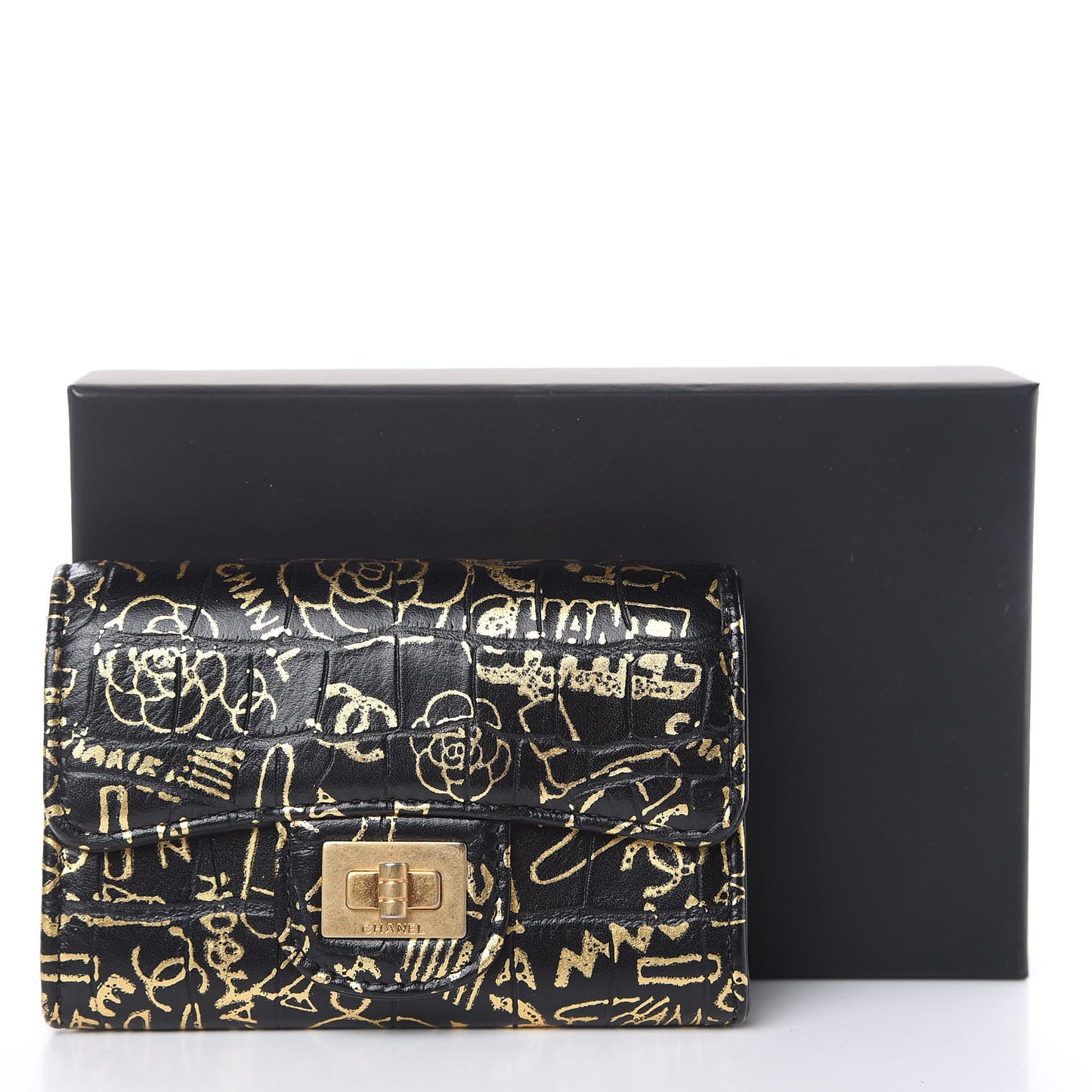 Calfskin Crocodile Embossed Graffiti 2.55 Cocodile Reissue Flap Card Holder Black Gold