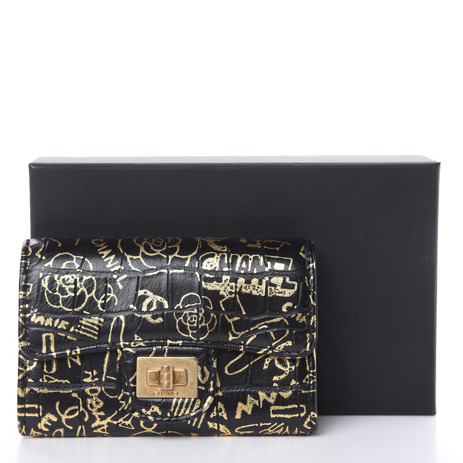 Chanel Calfskin Crocodile Embossed Graffiti 2.55 Cocodile Reissue Flap Card Holder Black Gold 9 of 9