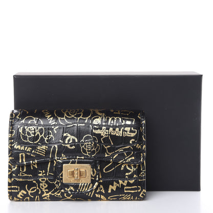 Chanel Calfskin Crocodile Embossed Graffiti 2.55 Cocodile Reissue Flap Card Holder Black Gold 9 of 9