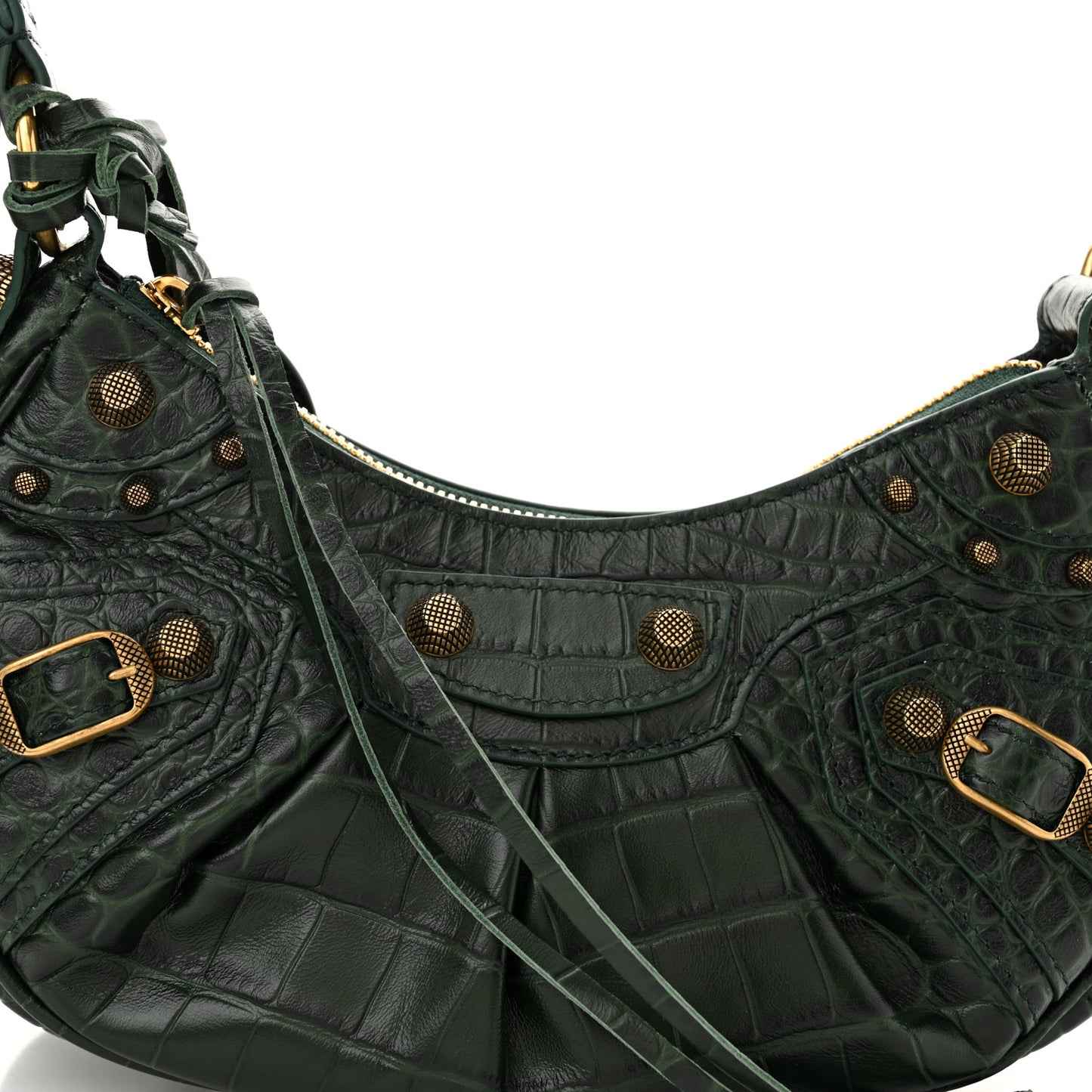 Extra Supple Calfskin Crocodile Embossed Le Cagole Shoulder Bag XS Forest Green