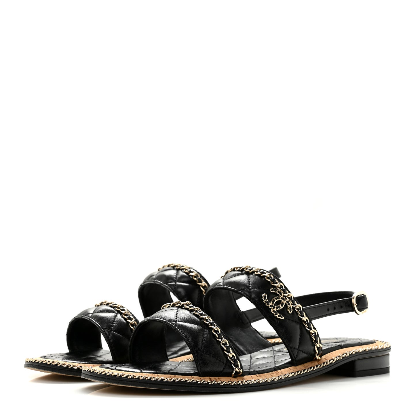 Shiny Lambskin Quilted Chain CC Sandals 39.5 Black