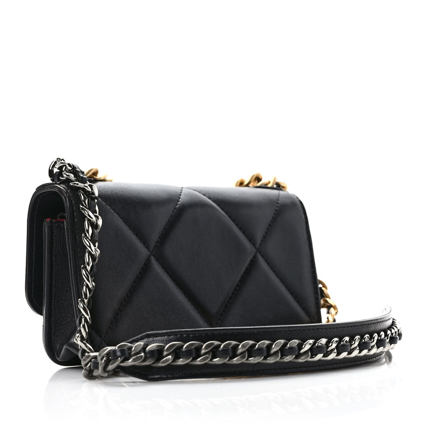 Lambskin Quilted Chanel 19 Flap Phone Holder With Chain Black