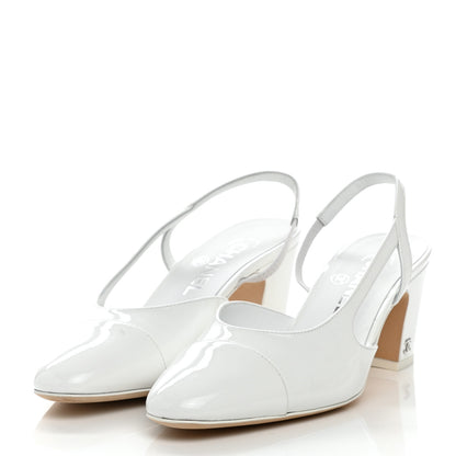 Chanel Patent Calfskin Cap Toe CC Slingback Pumps 37 White 3 of 8