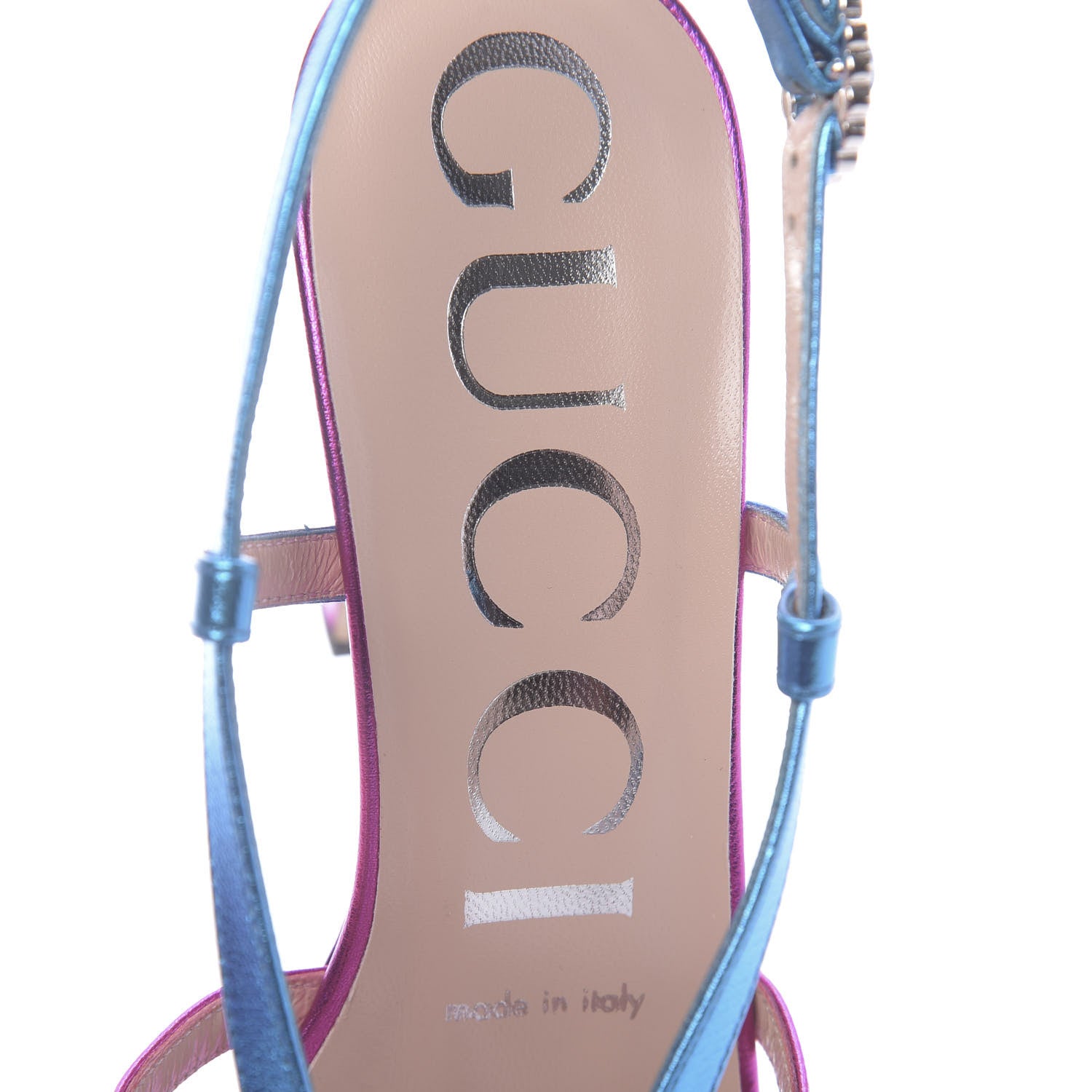 Gucci Metallic Nappa Crystal Zephyra Slingback Platform High Heel Sandals 36.5 Fuchsia Dark Turquoise 6 of 8