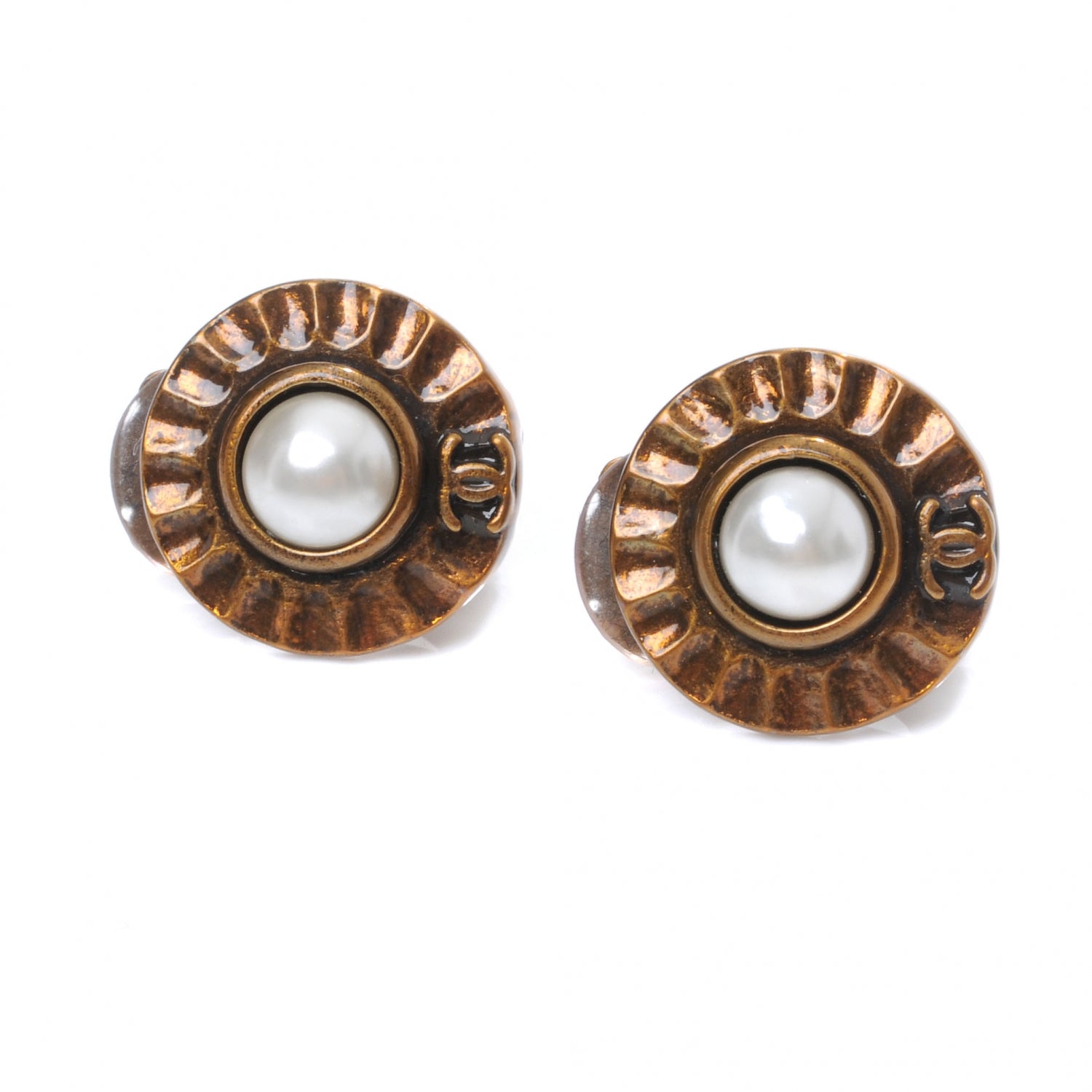 Chanel Faux Pearl CC Clip On Earrings Antique Bronze 1 of 4