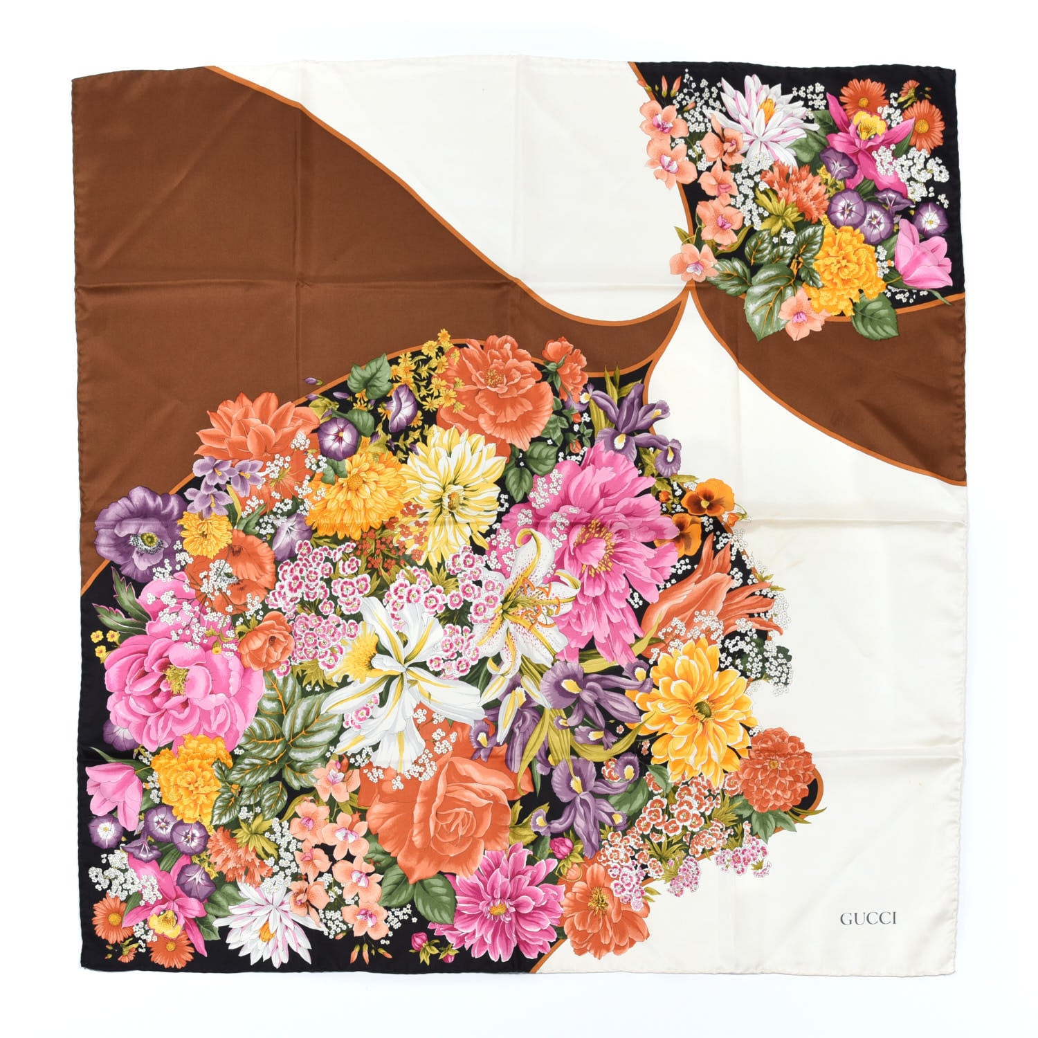 Gucci Silk Floral Square Scarf White Brown 1 of 3