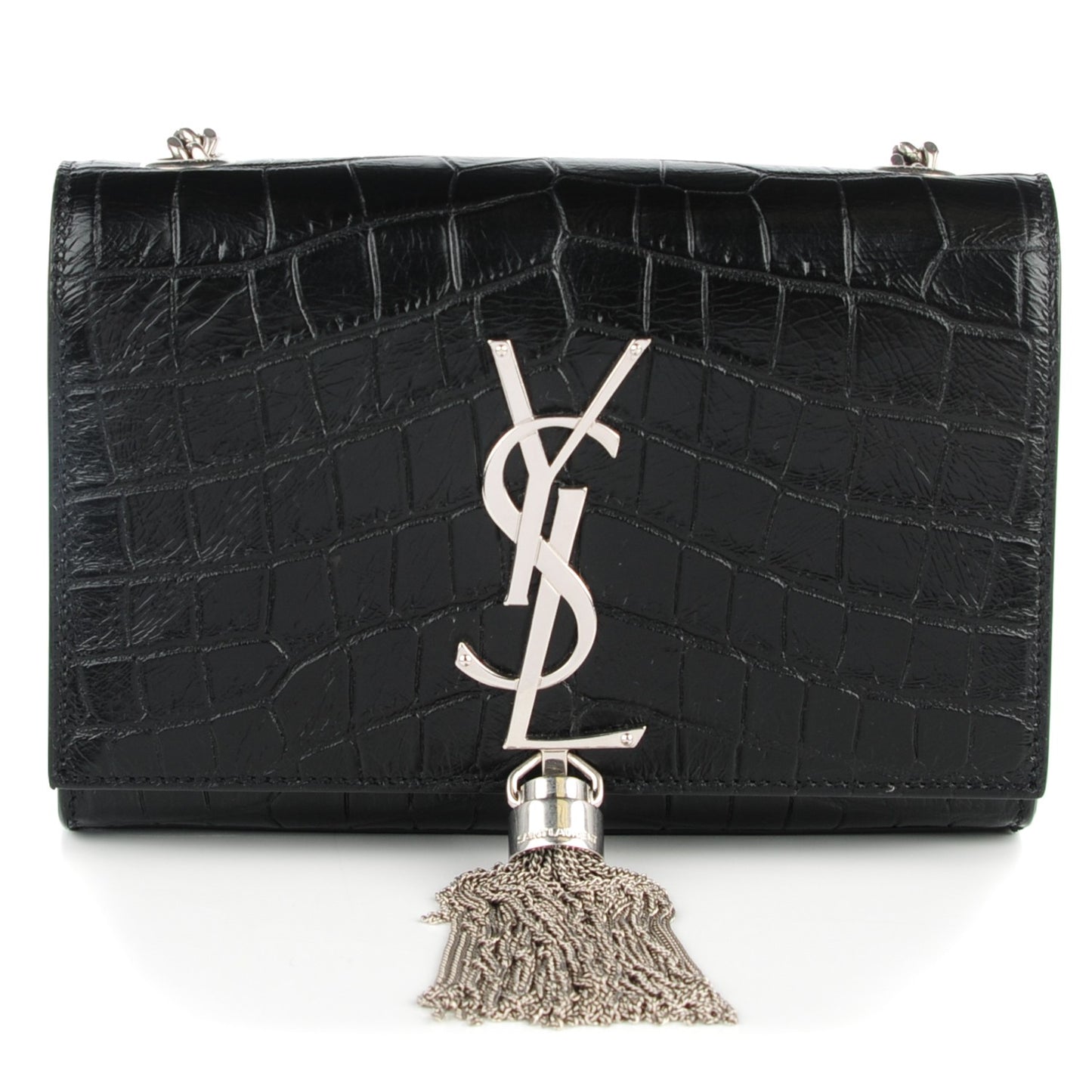 Calfskin Crocodile Embossed Small Classic Monogram Tassel Satchel Black