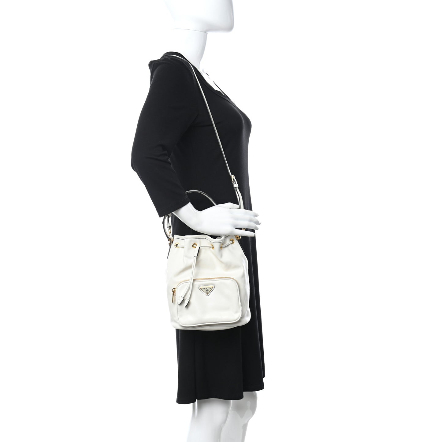Soft Calfskin Saffiano Mini Bucket Crossbody Bag White