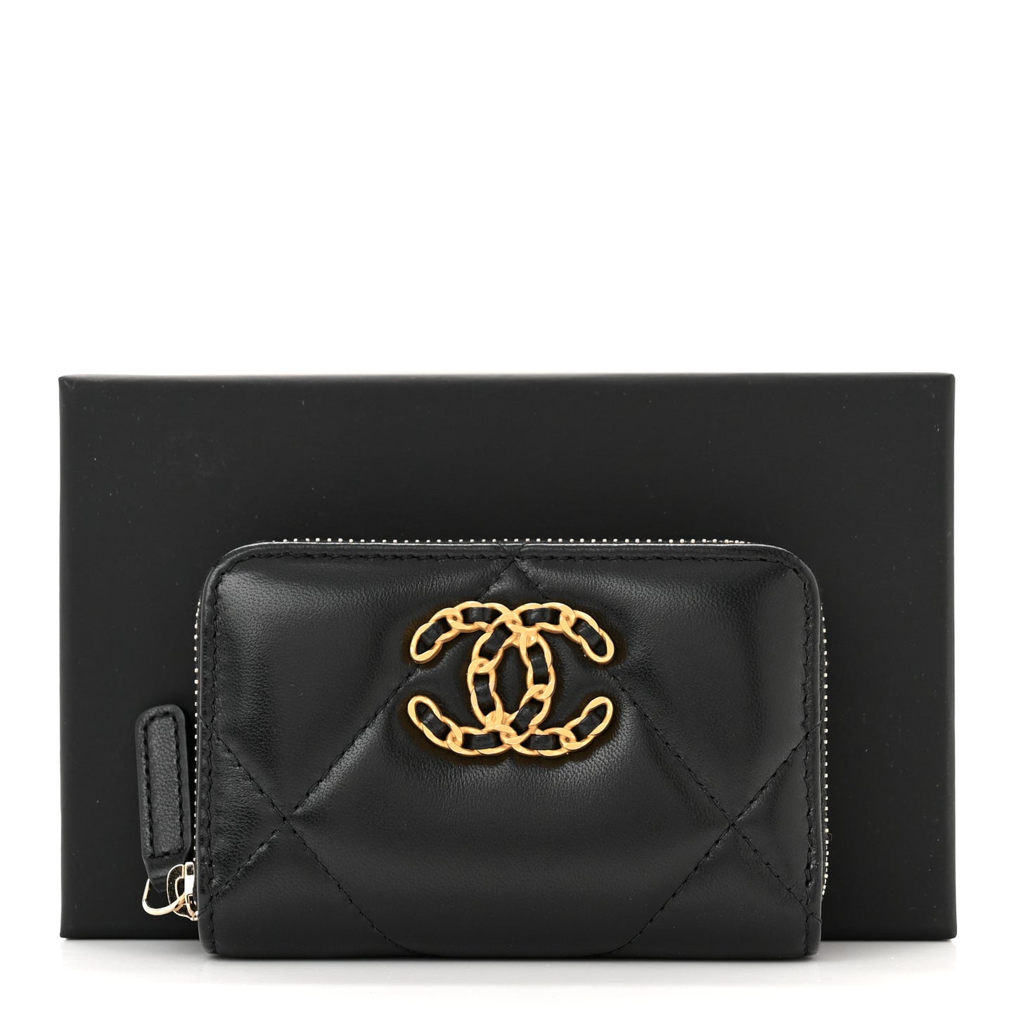 Lambskin Quilted Chanel 19 Zip Around Coin Purse Wallet Black