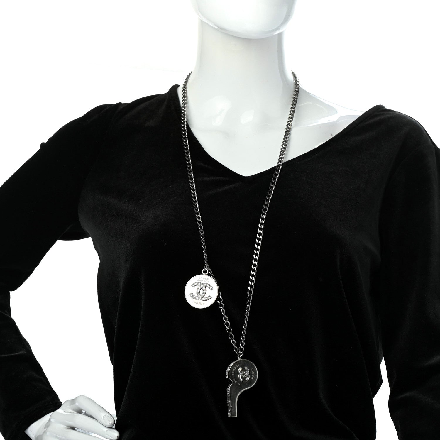 Chanel Crystal Baguette CC Whistle Pendant Necklace Silver 2 of 6