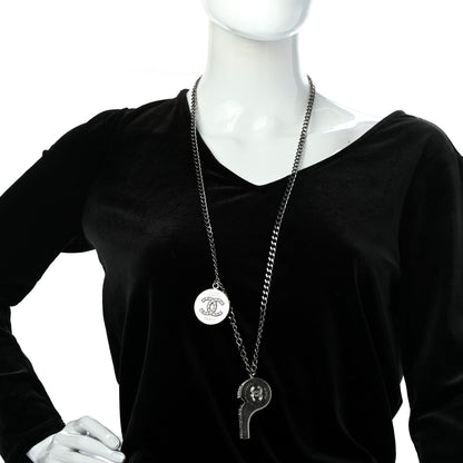 Chanel Crystal Baguette CC Whistle Pendant Necklace Silver 2 of 6