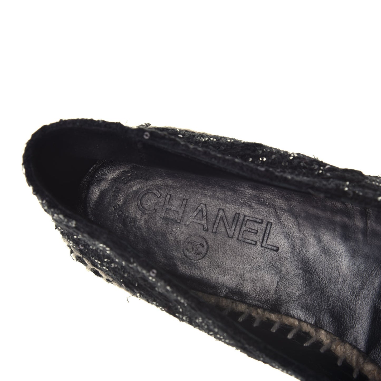 Tweed Patent Goatskin Sequin CC Espadrilles 37 Black