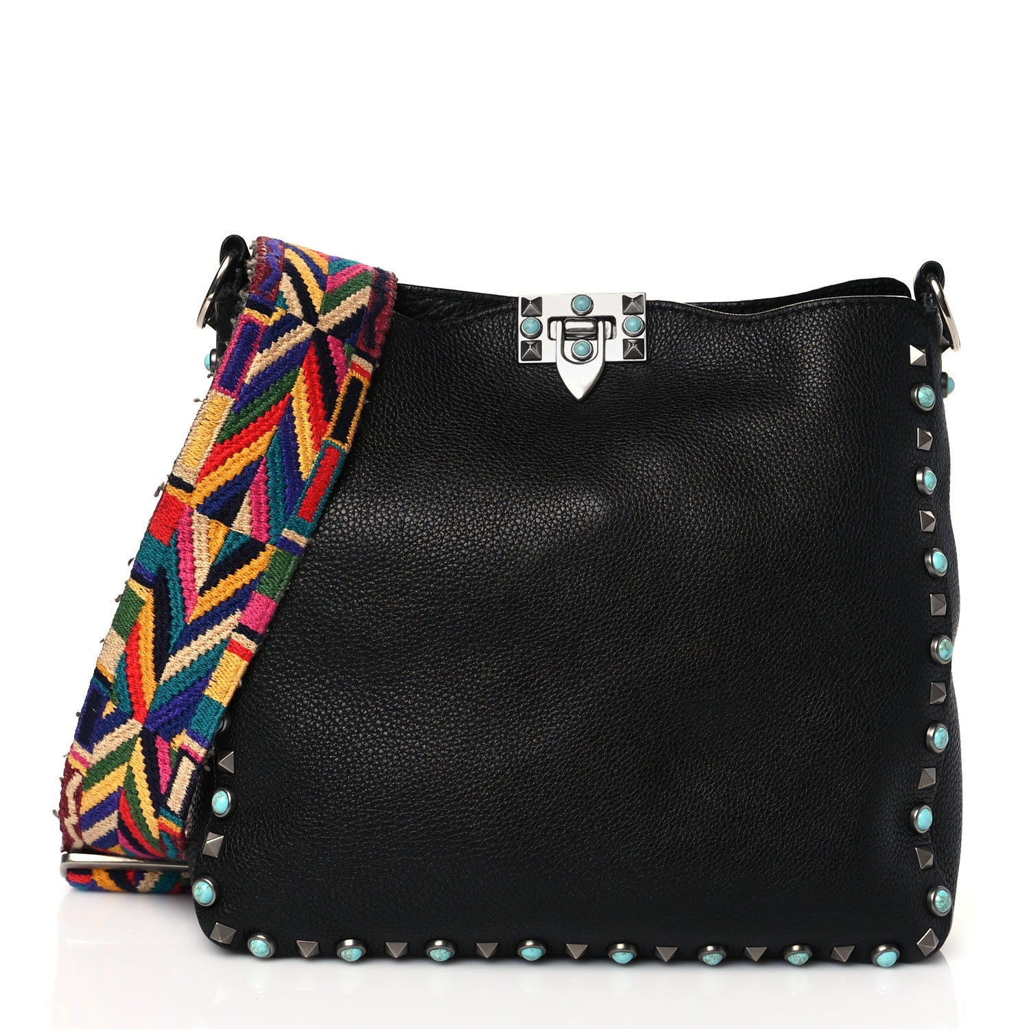 Valentino Garavani Pebbled Calfskin Tribal Small Guitar Strap Rockstud Rolling Flip-Lock Messenger Bag Black 1 of 10
