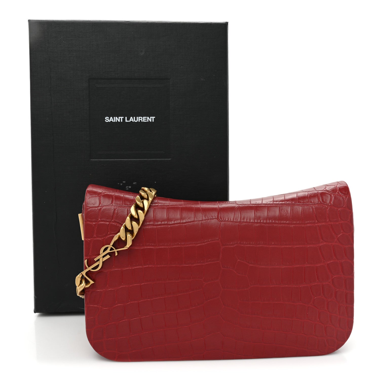 Saint Laurent Calfskin Crocodile Embossed Elise Chain Shoulder Bag Red 19 of 19