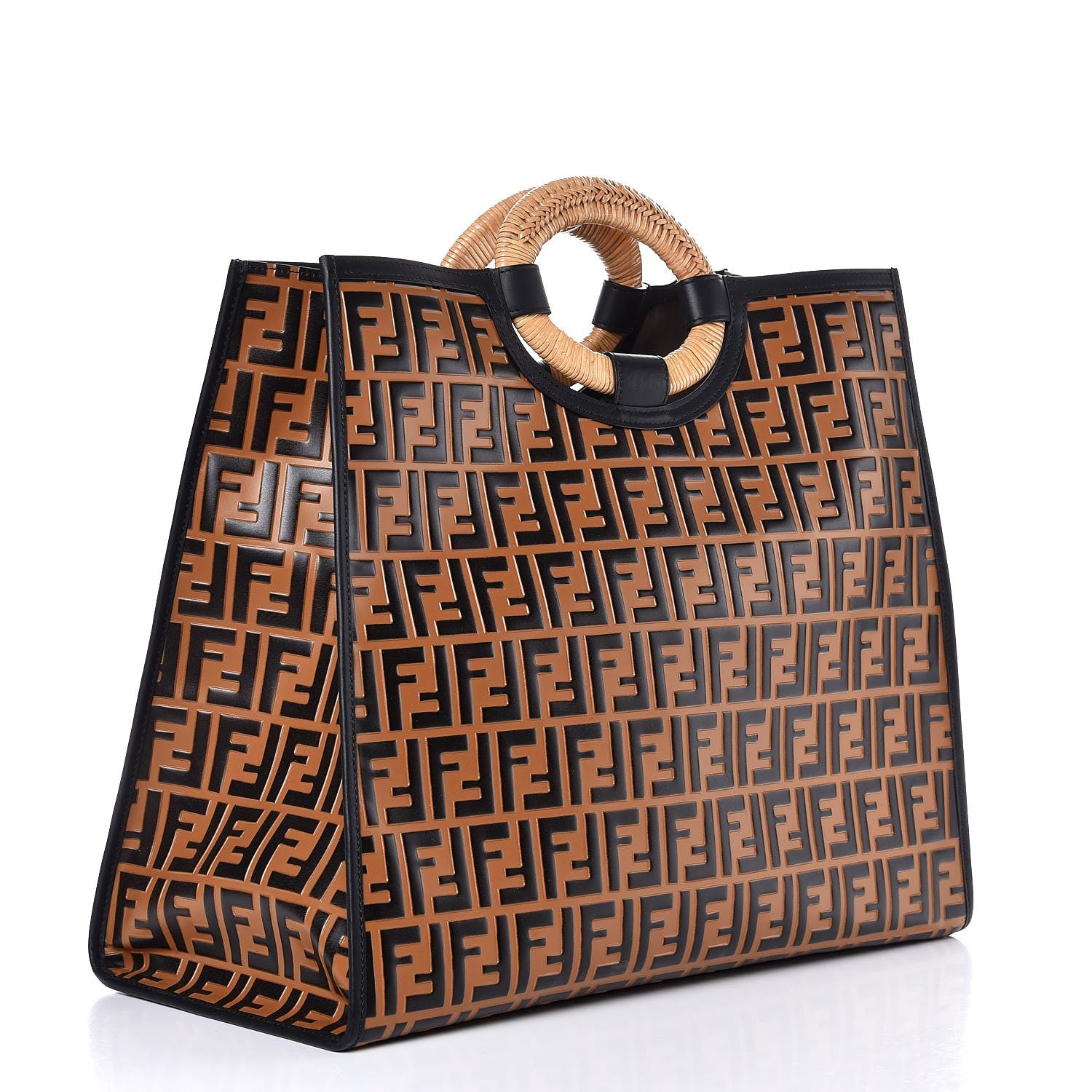Fendi Vitello Century Wicker FF Embossed Large Runaway Shopper Tote Tobacco Black 3 of 7