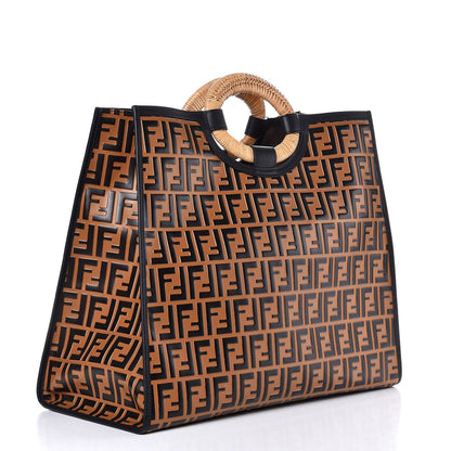 Fendi Vitello Century Wicker FF Embossed Large Runaway Shopper Tote Tobacco Black 3 of 7