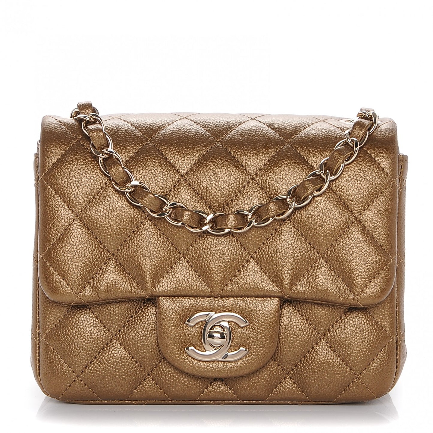 Metallic Caviar Quilted Mini Square Flap Dark Gold