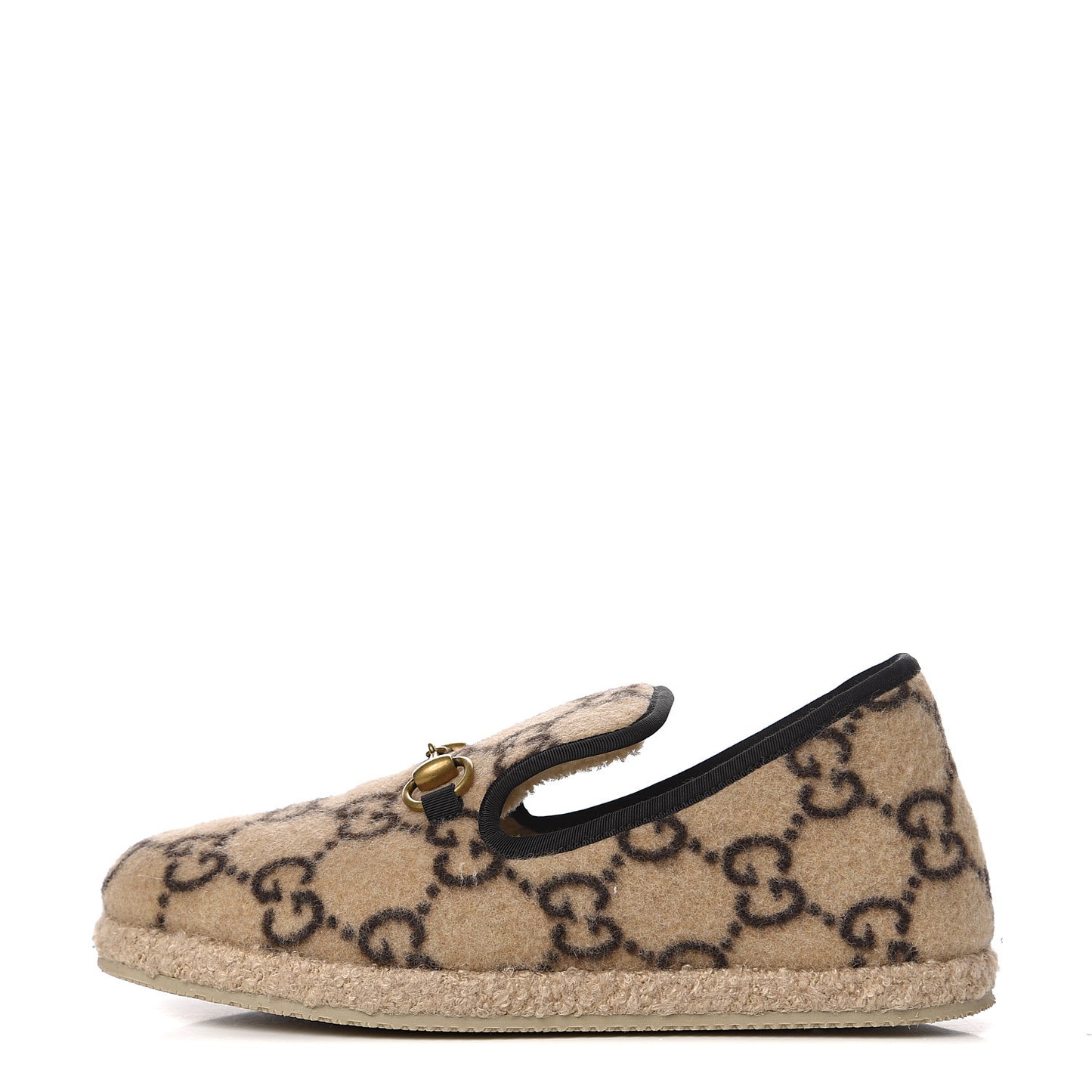 Covered Wool GG Monogram Womens Fria Horsebit Loafers 38 Beige Ebony Black Butterscotch