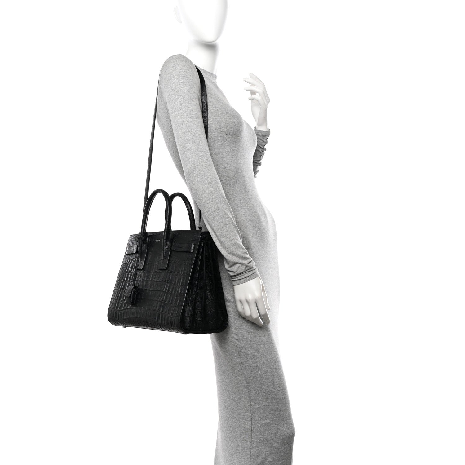 Saint Laurent Calfskin Crocodile Embossed Small Sac de Jour Black 2 of 12