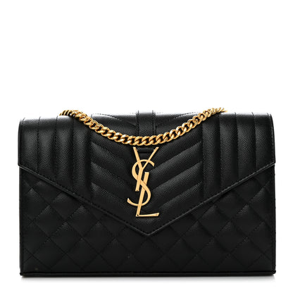Saint Laurent Grain De Poudre Mixed Matelasse Triquilt Monogram Chain Wallet Black 1 of 10