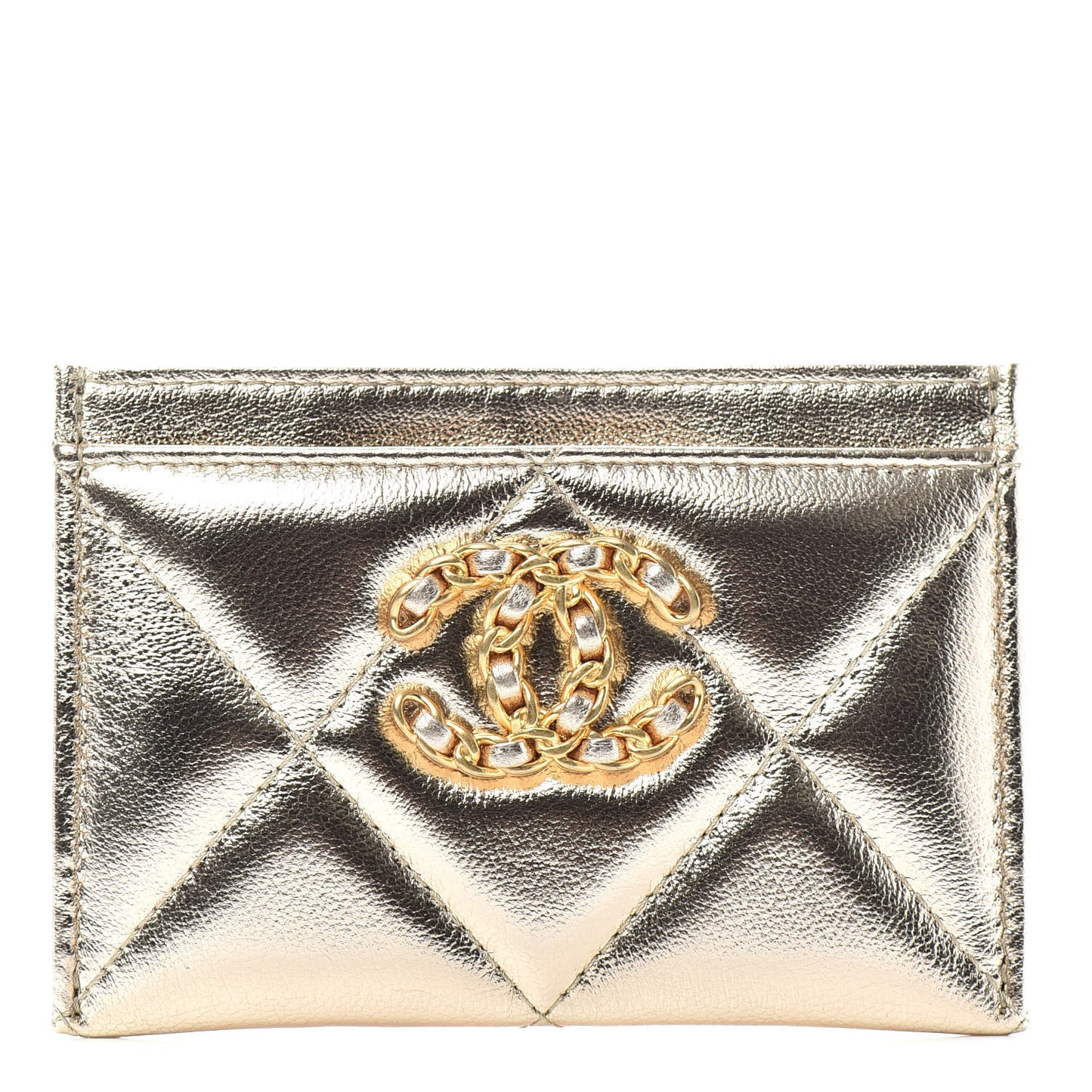 Metallic Goatskin Quilted Chanel 19 Card Holder Gold
