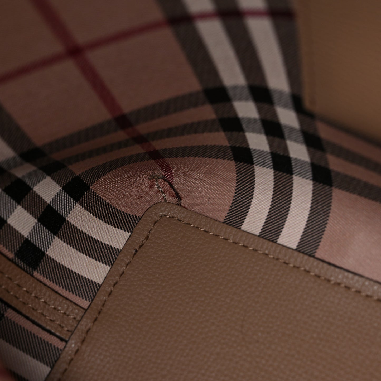 Grainy Calfskin Haymarket Check Medium Reversible Tote Camel