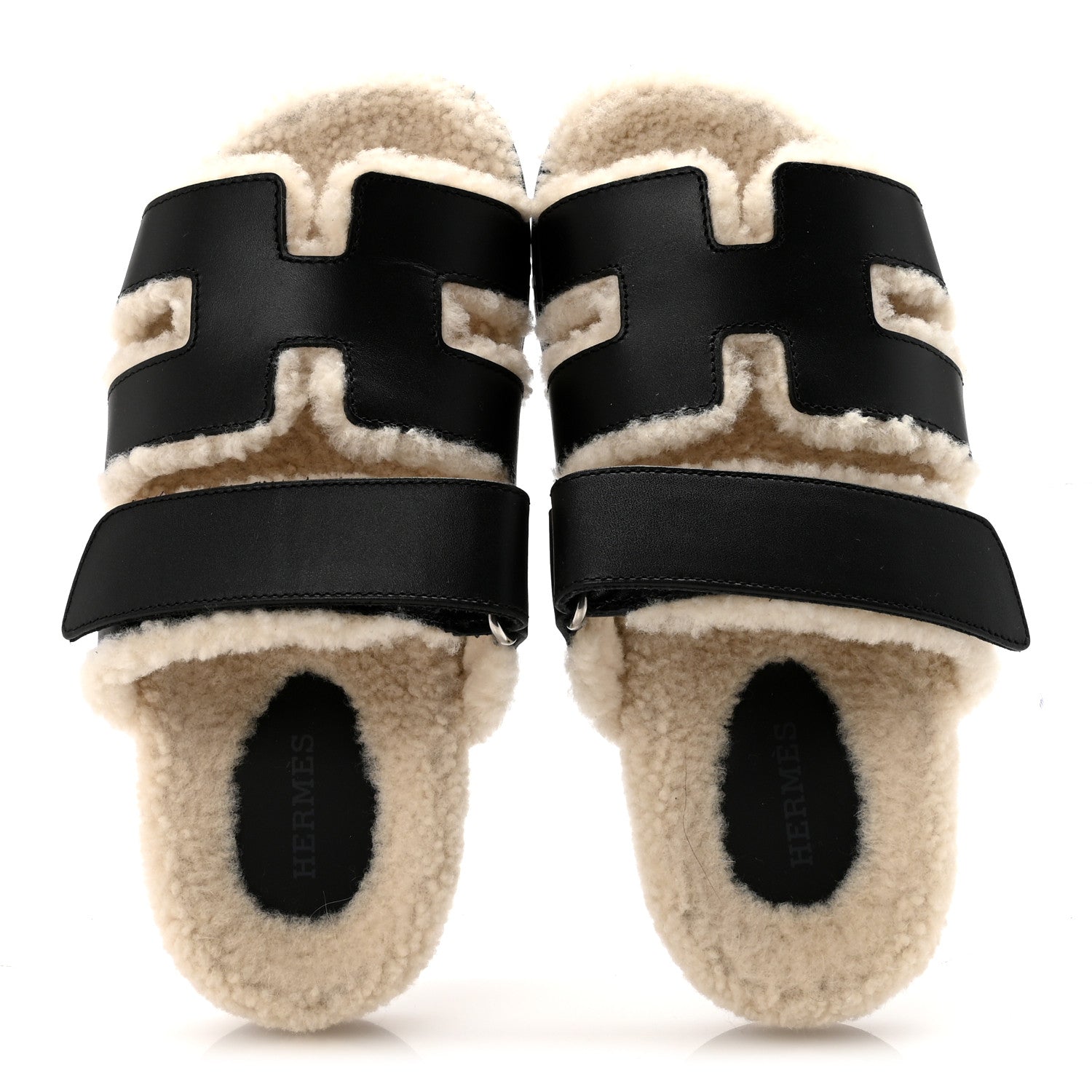 Hermes Calfskin Woolskin Womens Chypre Sandals 35.5 Black Ecru 2 of 9