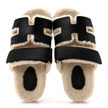 Hermes Calfskin Woolskin Womens Chypre Sandals 35.5 Black Ecru 2 of 9