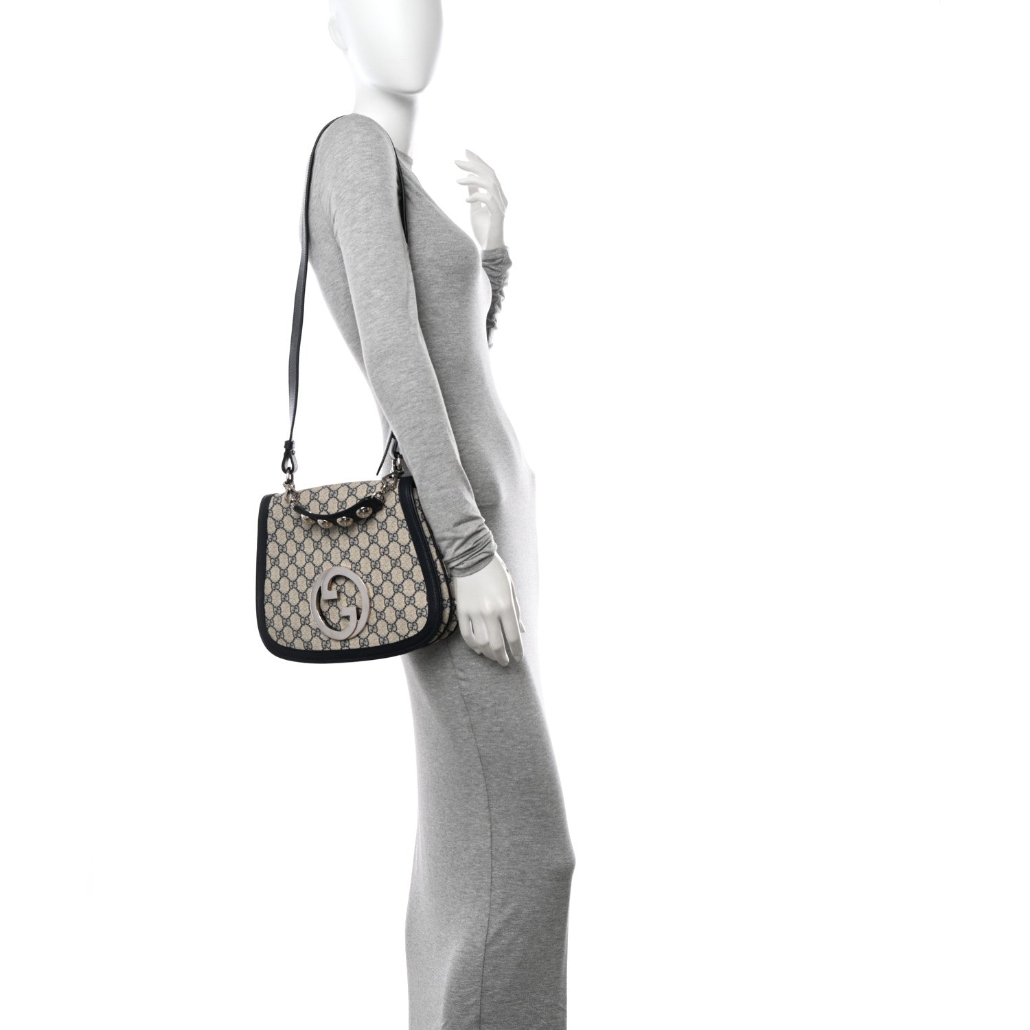 Gucci GG Supreme Monogram Textured Dollar Calfskin Web Medium Blondie Top Handle Shoulder Flap Bag Beige Blue 2 of 11